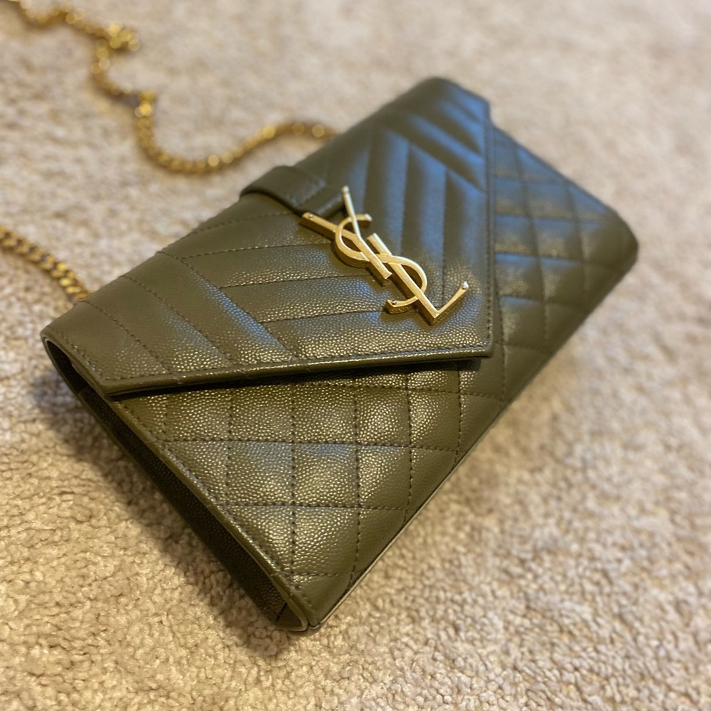 YSL Small Envelope Calfskin Leather Shoulder Bag - Khaki Green - Used
